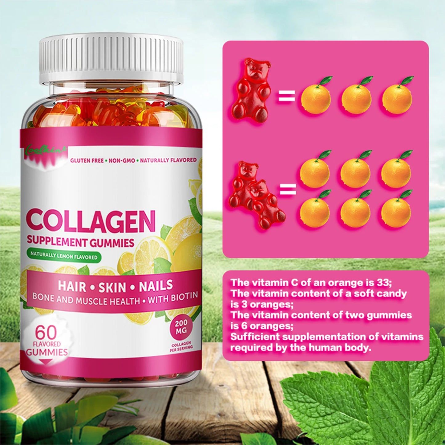 Collagen Gummies - with Biotin, Zinc, Vitamins C - for Skin, Nails and Hair Health - 60 Gummies