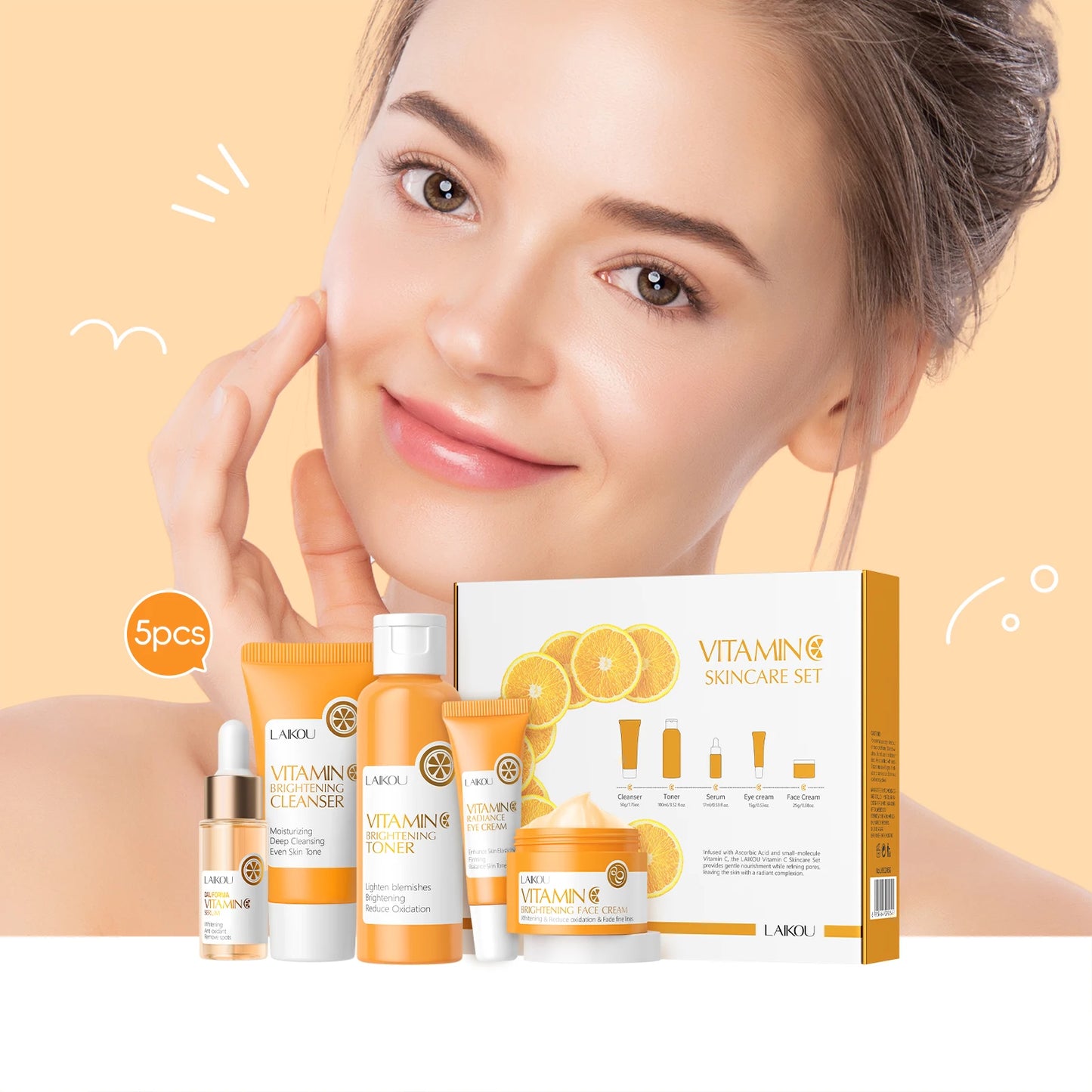 VITAMIN C Skincare Set Brightening 5Pcs Kit Even Skin Tone Smooth Wrinkle Tighten Pores Cleanser Toner Serum Eye Cream