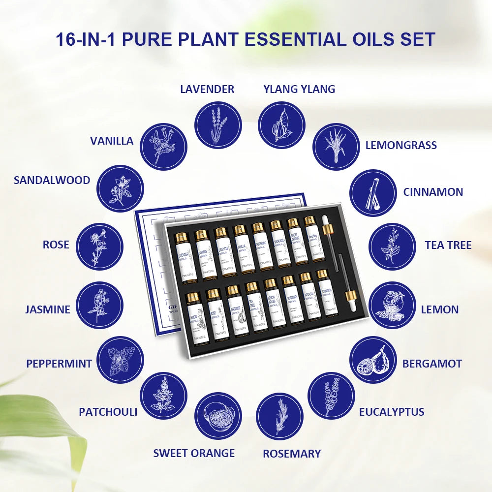 16 PCS Essential Oils Set,  Pure Lavender, Eucalyptus, Vanilla, Jasmine, Mint, Rose Oil for Diffuser, Humidifier, Candles