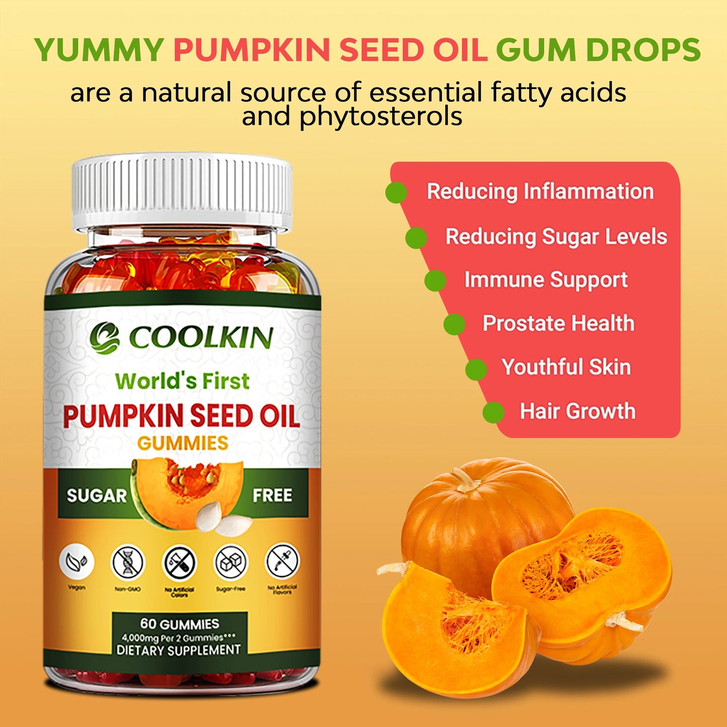 Pumpkin Seed Oil Gummies - Promotes Hair Growth,Supports Prostate Health,  Bladder and Urinary Tract Health - 60 Gummies