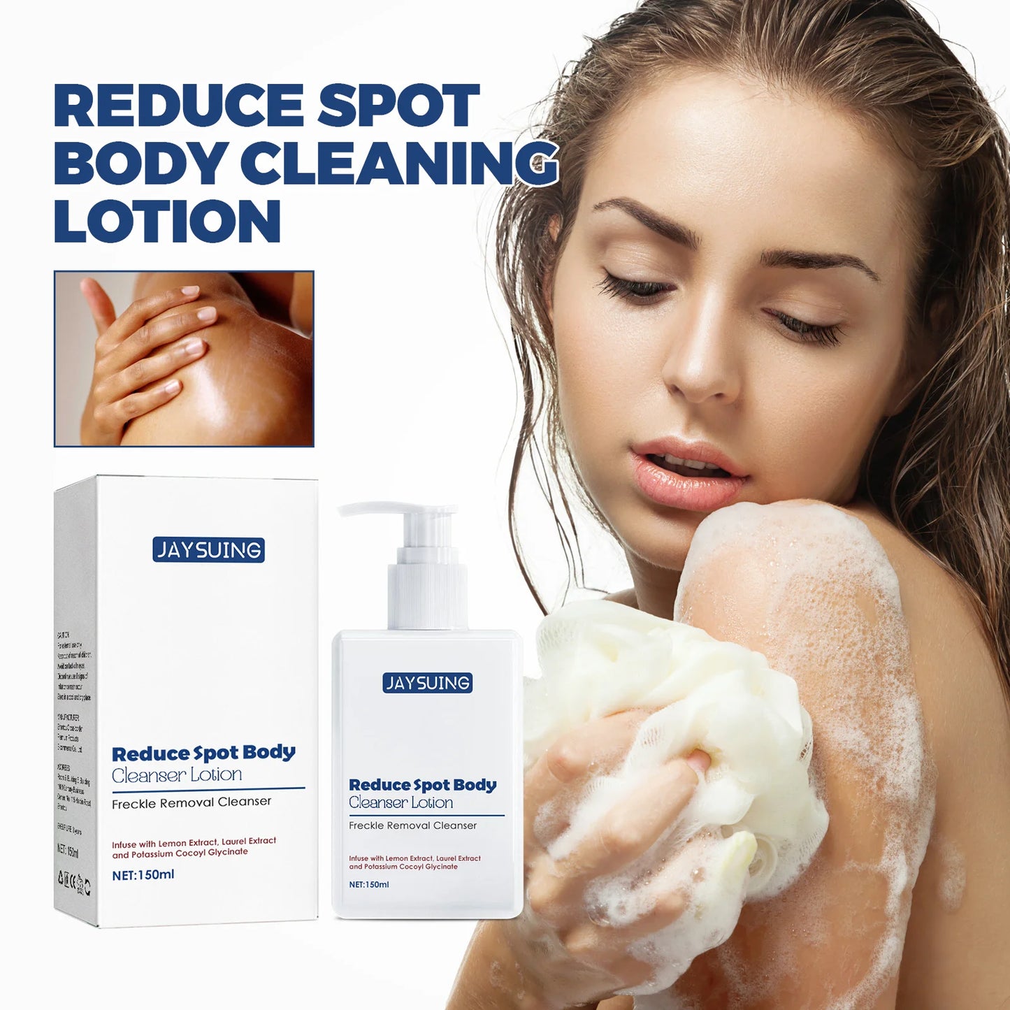 Body cleanser fades spots, cleanses pores, moisturizes skin with oil, exfoliates the face and body, skincare shower gel