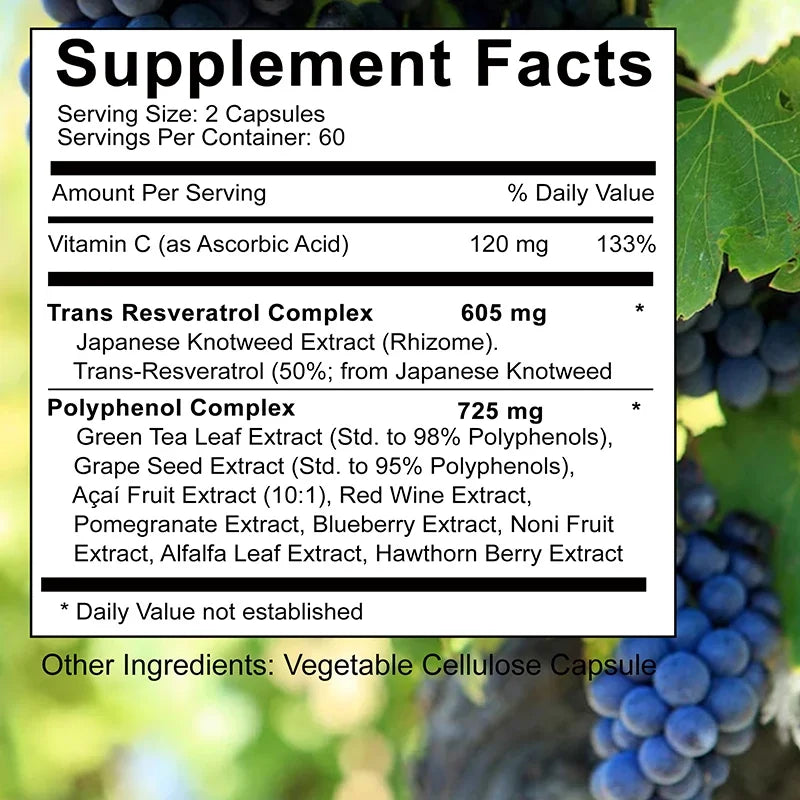 Trans Resveratrol - With Vitamin C, Green Tea, Grape Seeds - Anti-Aging, Antioxidants, Promote Skin Smoothness - 120 Capsules